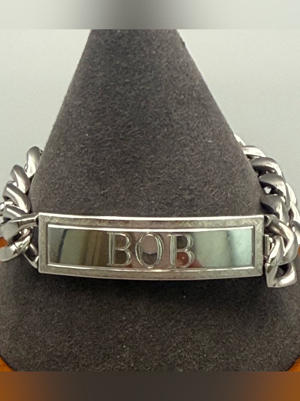 VTG Speidel ID Bracelet Rhodium Plated Large Curb Cuban Link Engraved “BOB” READ